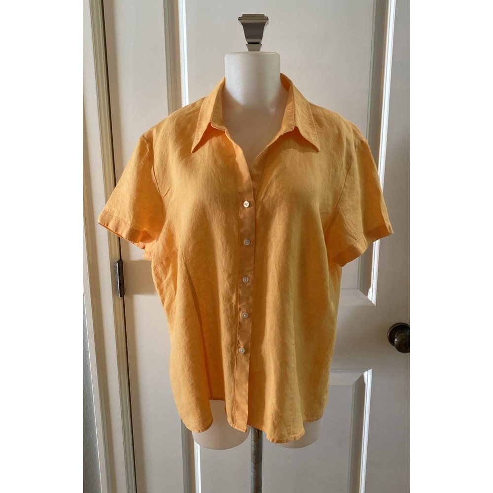 Lands End Size 18 Womens Yellow 100% Linen Short Sleeve Comfy Button Up Shirt